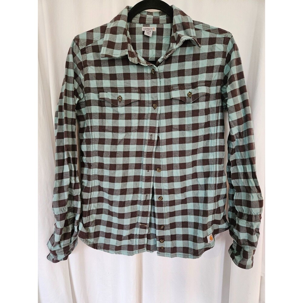 Carhartt Womens S 20 Check Midweight Flannel Shirt Mint‎ Green Black Button Up